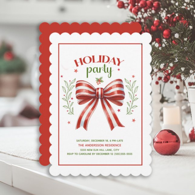 Coquette Bow Red Green Holiday Party Invitation (Red and white striped bow Holiday party invitation)