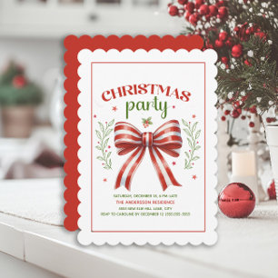 Coquette Bow Red White Scalloped Christmas Party Invitation