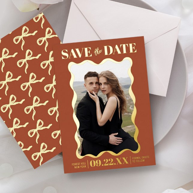 Coquette Bow Retro Wedding Photo Save The Date Foil Invitation (Creator Uploaded)