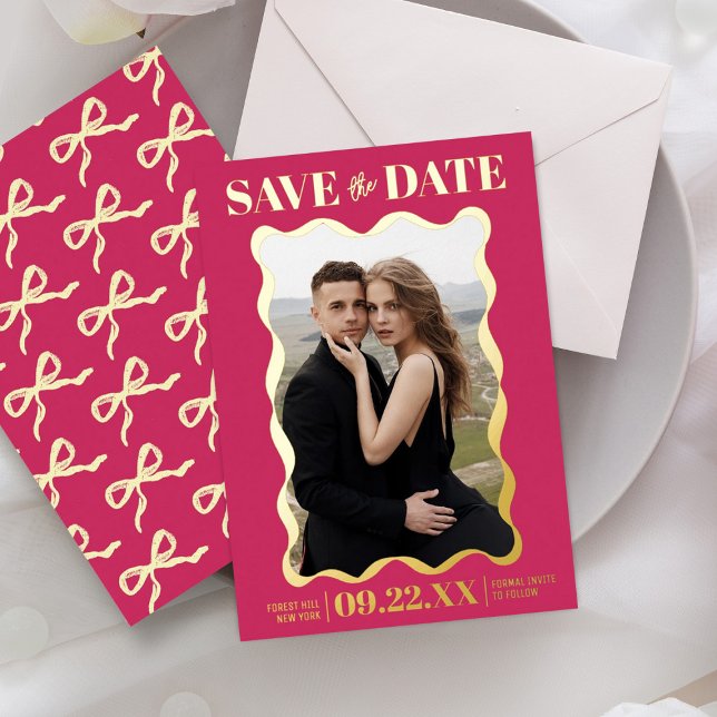 Coquette Bow Retro Wedding Photo Save The Date Foil Invitation (Creator Uploaded)