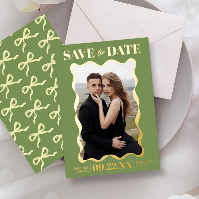 Coquette Bow Retro Wedding Photo Save The Date Foil Invitation (Creator Uploaded)