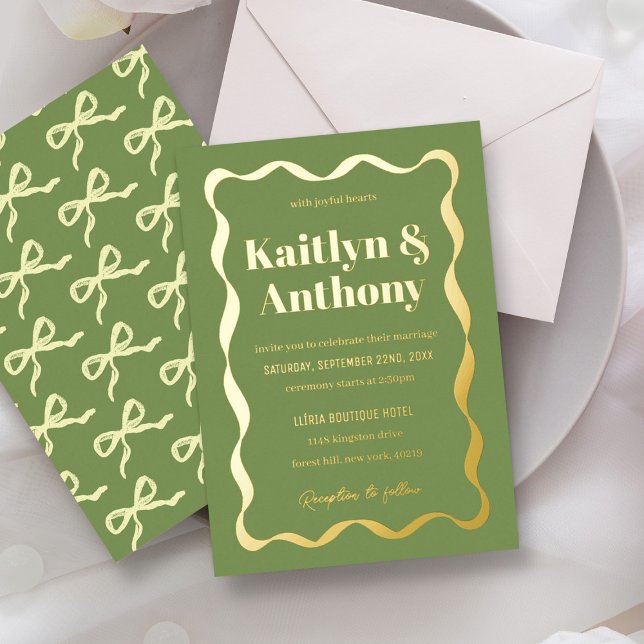 Coquette Bow Retro Wedding Real Foil Invitation (Creator Uploaded)
