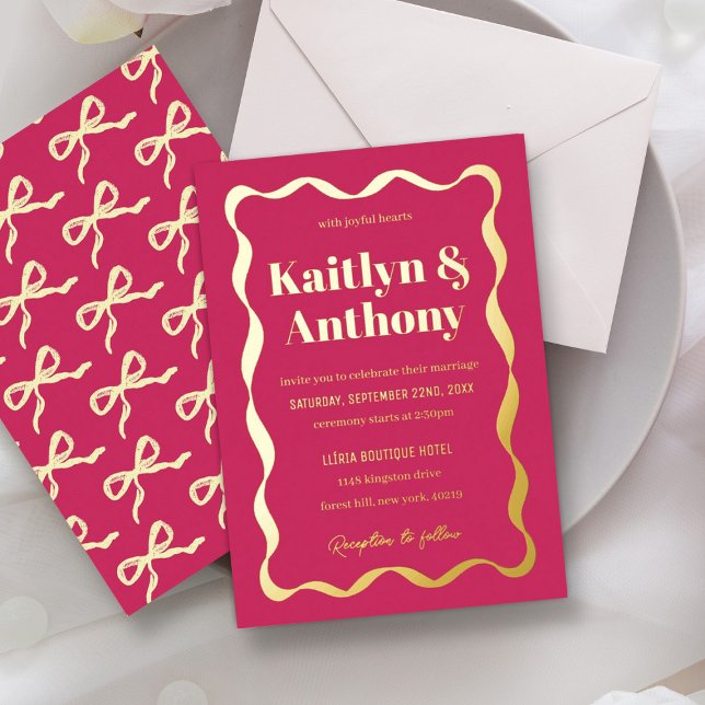 Coquette Bow Retro Wedding Real Foil Invitation (Creator Uploaded)