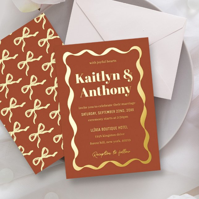 Coquette Bow Retro Wedding Real Foil Invitation (Creator Uploaded)