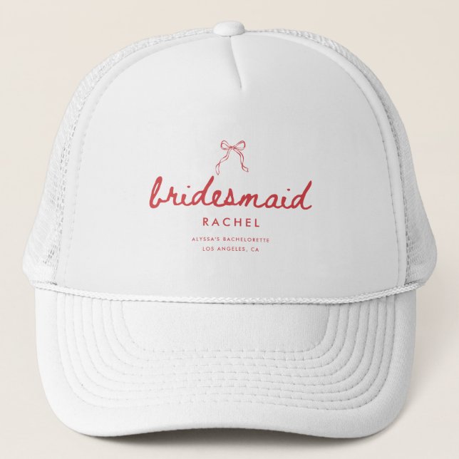 Coquette Bow Script Custom Bridesmaid's Name Trucker Hat (Front)