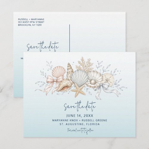 Coquette Bow & Seashell Beach Wedding Save the Dat Announcement Postcard