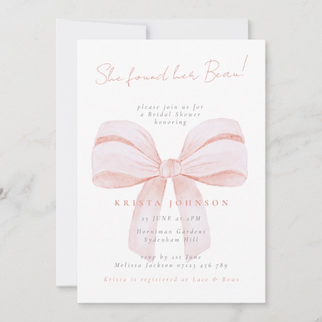 Coquette Bow She Found Her Beau Bridal Shower Invitation (Front)