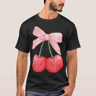 Coquette Bow Simple Pink Cute Girl Cherries T-Shirt