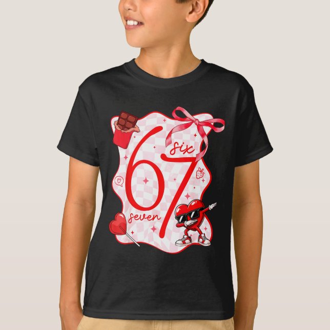 Coquette Bow Six Seven 67 Meme Dabbing Heart Valen T-Shirt (Front)