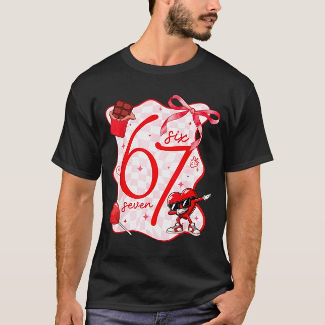 Coquette Bow Six Seven 67 Meme Dabbing Heart Valen T-Shirt (Front)