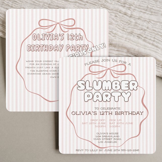 Coquette bow slumber party pink birthday invitation (Creator Uploaded)