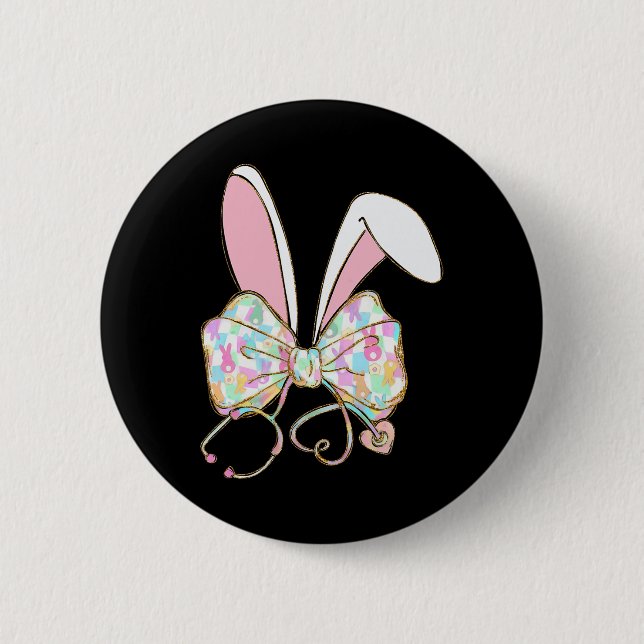 Coquette Bow Stethoscope Nurse Happy Easter Bunny  Button (Front)