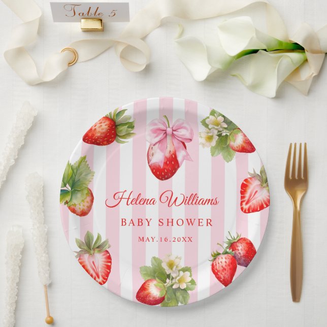 Coquette Bow Strawberries Baby Shower Paper Plates (Wedding)