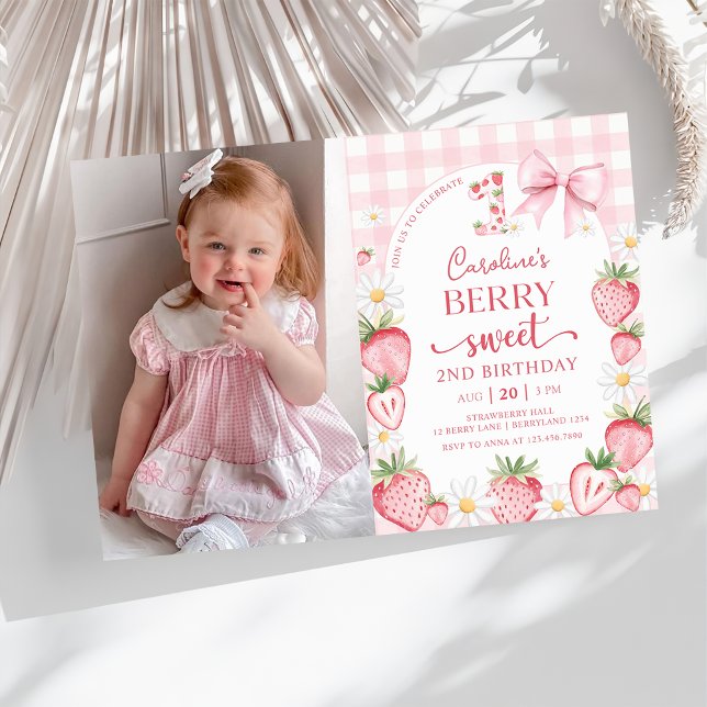 Coquette Bow Strawberry 2nd Birthday Photo Invitation (Creator Uploaded)