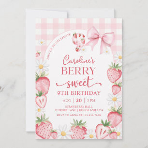 Coquette Bow Strawberry 9th Birthday Invitation