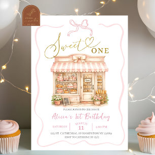 Coquette Bow Sweets Shop First Birthday Invitation