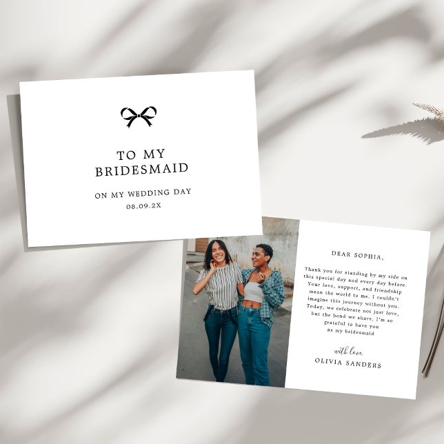Coquette Bow To My Bridesmaid Wedding Day Photo Thank You Card (Creator Uploaded)