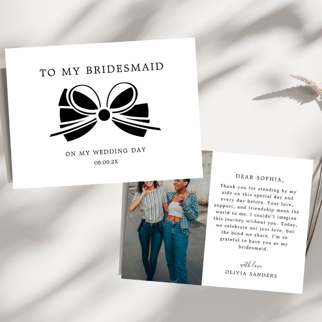 Coquette Bow To My Bridesmaid Wedding Day Photo Thank You Card (Creator Uploaded)