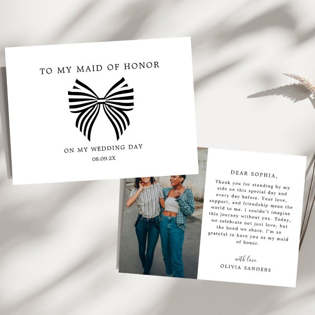 Coquette Bow To My Maid of Honor Wedding Day Photo Thank You Card (Creator Uploaded)