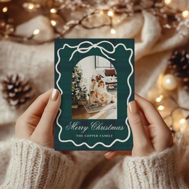 Coquette Bow Vintage Plaid Photo Christmas Holiday Card (Creator Uploaded)