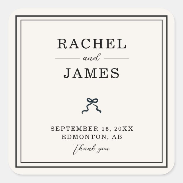 Coquette Bow Wedding Minimal Elegant Personalized Square Sticker (Front)