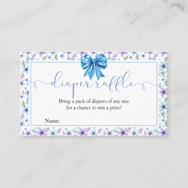 Coquette Bow Wildflowers Blue Diaper Raffle Card (Front)