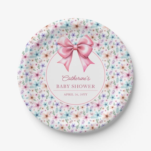 Coquette Bow Wildflowers Elegant Floral  Paper Plates (Front)