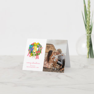Coquette Bow Wreath Colorful 3 Photo Folded Holiday Card