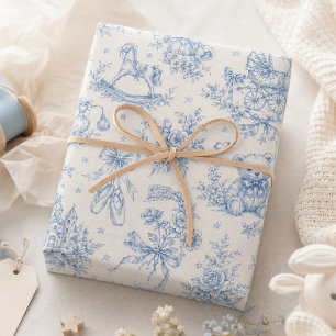 Coquette Bows and Teddy Bears Blue Toile Wrapping Paper Sheets