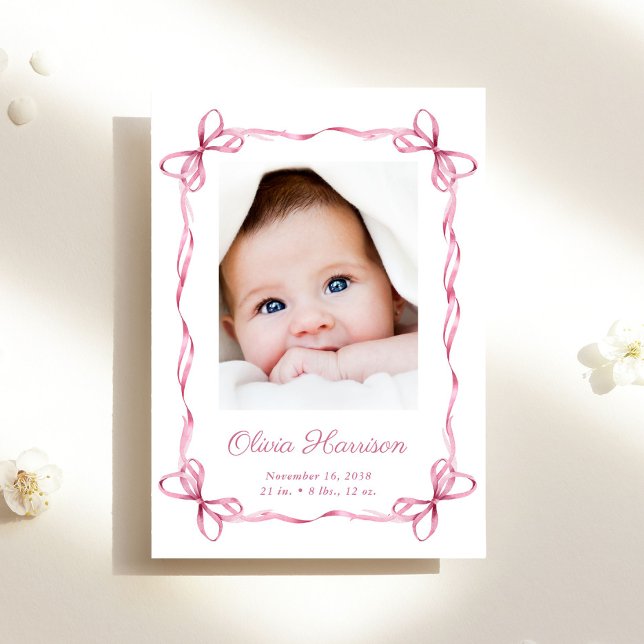 Coquette Bows Baby Girl Photo Birth Announcement (A beautiful and unique way to thank family and friends and introduce them to your precious  baby)