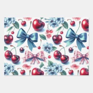 Coquette bows,cherries, flowers, red, pink, blue wrapping paper sheets