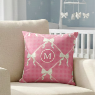 Coquette Bows Gingham Monogram Cream Pink Throw Pillow