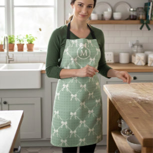 Coquette Bows Gingham Monogram Cream Sage Green  Apron