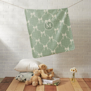 Coquette Bows Gingham Monogram Cream Sage Green Baby Blanket