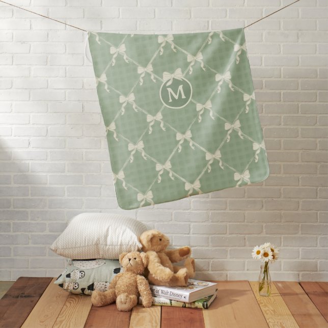 Coquette Bows Gingham Monogram Cream Sage Green  Baby Blanket (In Situ)