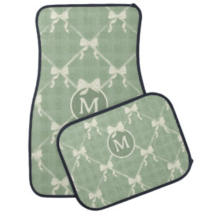 Coquette Bows Gingham Monogram Cream Sage Green Car Floor Mat