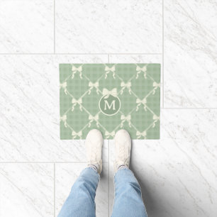 Coquette Bows Gingham Monogram Cream Sage Green  Doormat