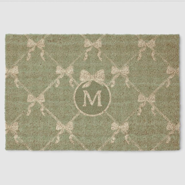 Coquette Bows Gingham Monogram Cream Sage Green  Fiber Doormat (Front)