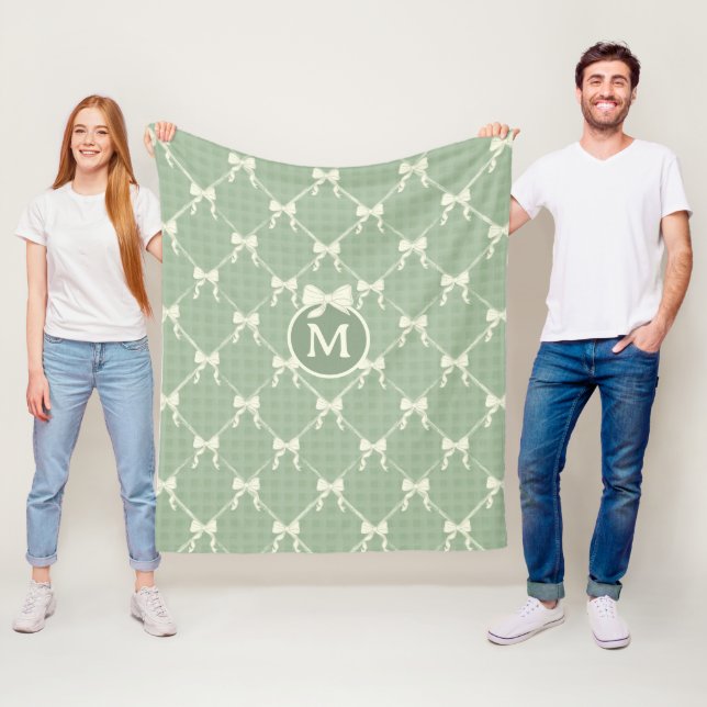 Coquette Bows Gingham Monogram Cream Sage Green  Fleece Blanket (In Situ)
