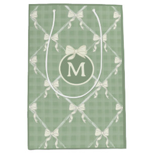 Coquette Bows Gingham Monogram Cream Sage Green  Medium Gift Bag