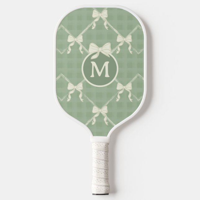 Coquette Bows Gingham Monogram Cream Sage Green  Pickleball Paddle (Front)