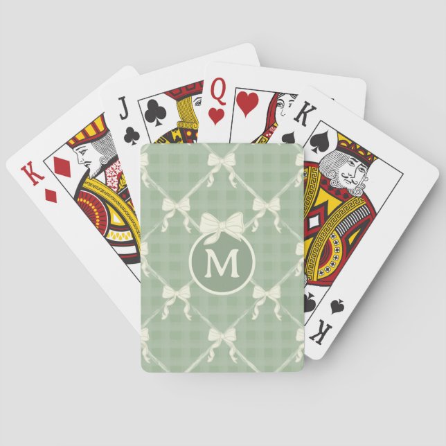 Coquette Bows Gingham Monogram Cream Sage Green  Poker Cards (Back)