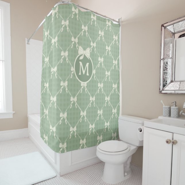 Coquette Bows Gingham Monogram Cream Sage Green  Shower Curtain (In Situ)
