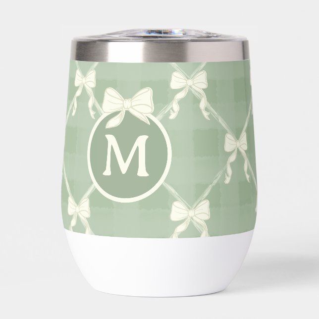 Coquette Bows Gingham Monogram Cream Sage Green  Thermal Wine Tumbler (Front)