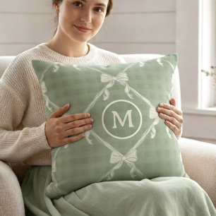 Coquette Bows Gingham Monogram Cream Sage Green Throw Pillow