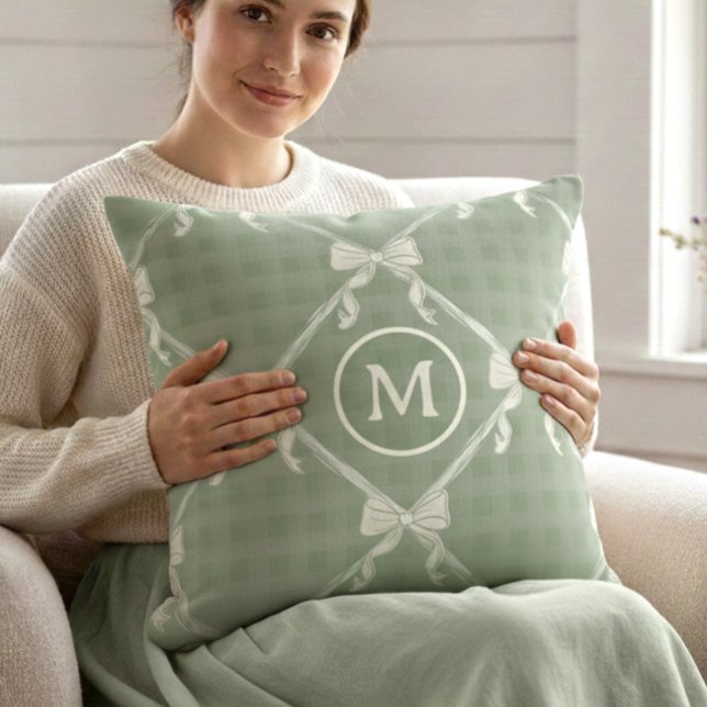 Coquette Bows Gingham Monogram Cream Sage Green  Throw Pillow (Creator Uploaded)