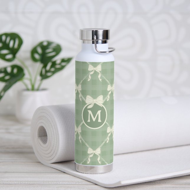 Coquette Bows Gingham Monogram Cream Sage Green  Water Bottle (Yoga)