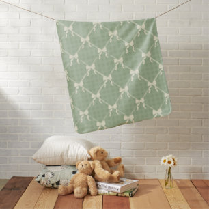 Coquette Bows Gingham Pattern Cream Sage Green Baby Blanket