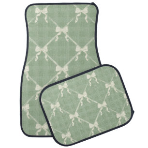 Coquette Bows Gingham Pattern Cream Sage Green Car Floor Mat