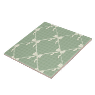 Coquette Bows Gingham Pattern Cream Sage Green  Ceramic Tile